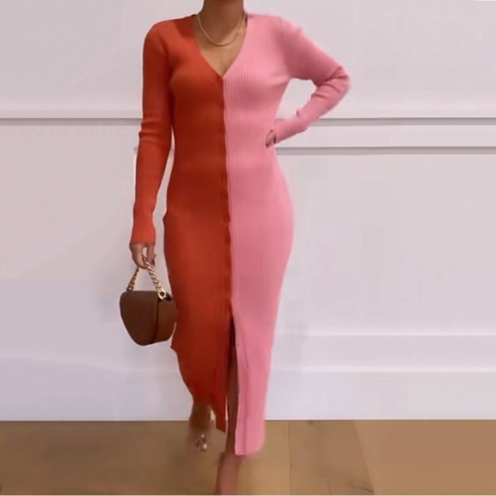 Dee Elly Ribbed Two Tone Colorblock Cardigan MIDI Dress